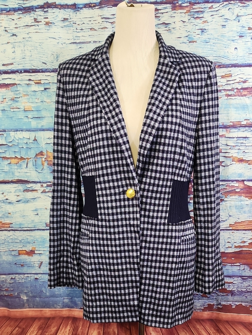 CAbi Navy Checked Single-Button Blazer